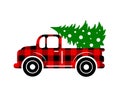 Vintage red buffalo plaid truck with Christmas tree isolated on white background. Vector flat illustration. Royalty Free Stock Photo