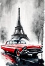 Vintage Red Car On Black And White Paris With Eiffel Tower. Generative AI
