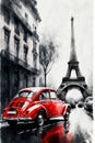 Vintage Red Car On Black And White Paris With Eiffel Tower. Generative AI