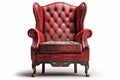 Vintage red chair with worn leather upholstery, set against a white background