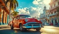 Vintage red classic car cruising on a sunny street in Havana with historical architecture and tropical vibes, capturing the Royalty Free Stock Photo