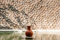 Vintage urn or vase garden ornament in pond and stone wall Royalty Free Stock Photo