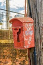 Vintage red fire alarm box on wooden pole Brookly, NY USA Royalty Free Stock Photo