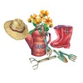 Vintage red garden watering can with a bouquet of yellow flowers, red rubber boots, solar hat from thatch and garden tools. Royalty Free Stock Photo