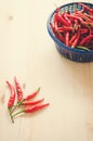 Vintage of red and green chili in blue plastic basket. Royalty Free Stock Photo