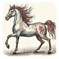 Vintage Red Horse Illustration With Disfigured Forms And Explosive Pigmentation