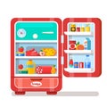 Vintage Red Opened Refrigerator Full Of Food Vector Illus Royalty Free Stock Photo