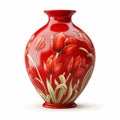 Realistic Art Deco Red Vase With Painted Flowers On White Background