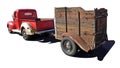 Vintage red pickup truck pulling old wood trailer