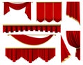 Vintage red realistic curtains. Stage luxury scarlet fabric curtain, silk interior lambrequin draperies vector Royalty Free Stock Photo