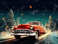 Vintage Red Ride - A Festive Journey with Classic Wheels. Red retro car in the middle of the road in the forest. Concept of Merry