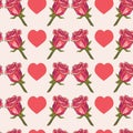Vintage red roses and hearts on ppink background.