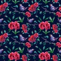 Vintage Red Roses Seamless Pattern With Bird On Tree Branch. Abstract Garden Floral Print On Dark Background For Wallpapers, Cards