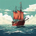 Vintage red ship illustration with clouds and sea in the background Royalty Free Stock Photo