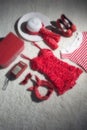 Vintage red summer vacation luggage. Royalty Free Stock Photo