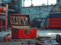 vintage red toolbox with open compartments filled with tools