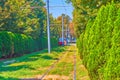 The vintage red tram on green and shady Dmytro Yavornytsky Avenue, Dnipro, Ukraine Royalty Free Stock Photo