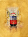 Vintage Red Tram on Istiklal street in Istanbul city, Turkey. Watercolor illustration.