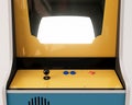 A vintage red unbranded arcade machine