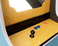 A vintage red unbranded arcade machine