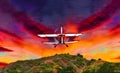 Vintage red and white biplane cresting sunset skies sunset.