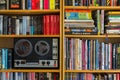 Vintage reel-to-reel magnetic tape recorder in library full of colorful books Royalty Free Stock Photo