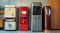 Vintage refrigerators on display in a retro kitchen setting, showcasing multiple unique designs from different eras Royalty Free Stock Photo