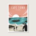 Vintage retro African penguin on cape town beach poster design illustration, seascape beach poster