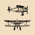 Vintage retro airplane logo. Vector hand sketched aviation illustration in engraving style for poster, card etc.