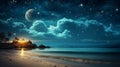 Vintage retro artwork of fantasy tropical beach with starry night sky, full moon, and tropical vibes Royalty Free Stock Photo