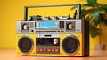 Vintage retro audio boombox player with buttons on yellow background. Generative AI
