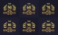 Vintage Retro Birthday logo set. Luxurious golden birthday logo bundle. 50th, 60th, 70th, 80th, 90th, 100th happy birthday logo