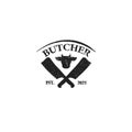 Vintage Retro Butcher Logo with cross knifes applied for a meat restaurant. Royalty Free Stock Photo