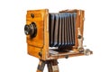 Vintage retro camera on tripod isolated on white background close-up Royalty Free Stock Photo