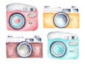 Vintage retro cameras watercolor clipart. Illustration for photography logo, card, design. Hand painted artwork Royalty Free Stock Photo