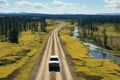 Vintage retro car driving along scenic summer forest road by the river, aerial view Royalty Free Stock Photo