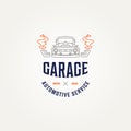 vintage retro car repair garage line art icon logo template vector illustration design. classic car truck with turbo engine Royalty Free Stock Photo