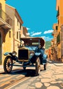 Vintage retro car on the street of the old city. Vector illustration.