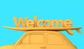 Vintage retro car with a surfboard on the roof and the word Welcome. Road trip vacation background. 3D Rendering