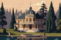Vintage retro cartoon style illustration of an old mansion in the woods