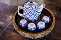 Vintage retro ceramic teapot cup set for tea time to thai people customer and guest travelers drink dining outdoor of cafe shop Royalty Free Stock Photo