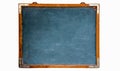 Vintage retro chalkboard: blue old grungy vintage wooden empty chalkboard or retro blackboard with weathered frame isolated. Royalty Free Stock Photo