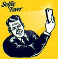 Vintage retro clipart: Selfie Fever! Man takes a selfie with smartphone camera