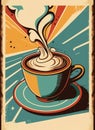 Vintage retro cups of coffee. Advertising poster 50s, 60s, coffee sale. Grunge poster.