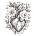 Vintage Retro Delicate Anatomical Love Heart with Blooming Flowers and Leaves Illustration, Monochromatic Fine Line Art, Nature