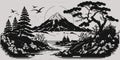 VIntage retro engraving style Japan Asian juji mountain with trees nature wild landscape. Background outdoor adventure vibe.