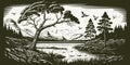 VIntage retro engraving style scandinavian adventure landscape outdoor scene. Journey vacation viking explore vibe. Graphic Art