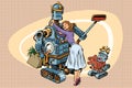 Vintage retro family, dad robot wife and child