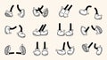 Vintage retro feet and boot vector collection. Comic retro feet in different poses, leg standing, walking, running