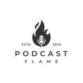 Vintage retro Fire flame podcast mic logo design illustration